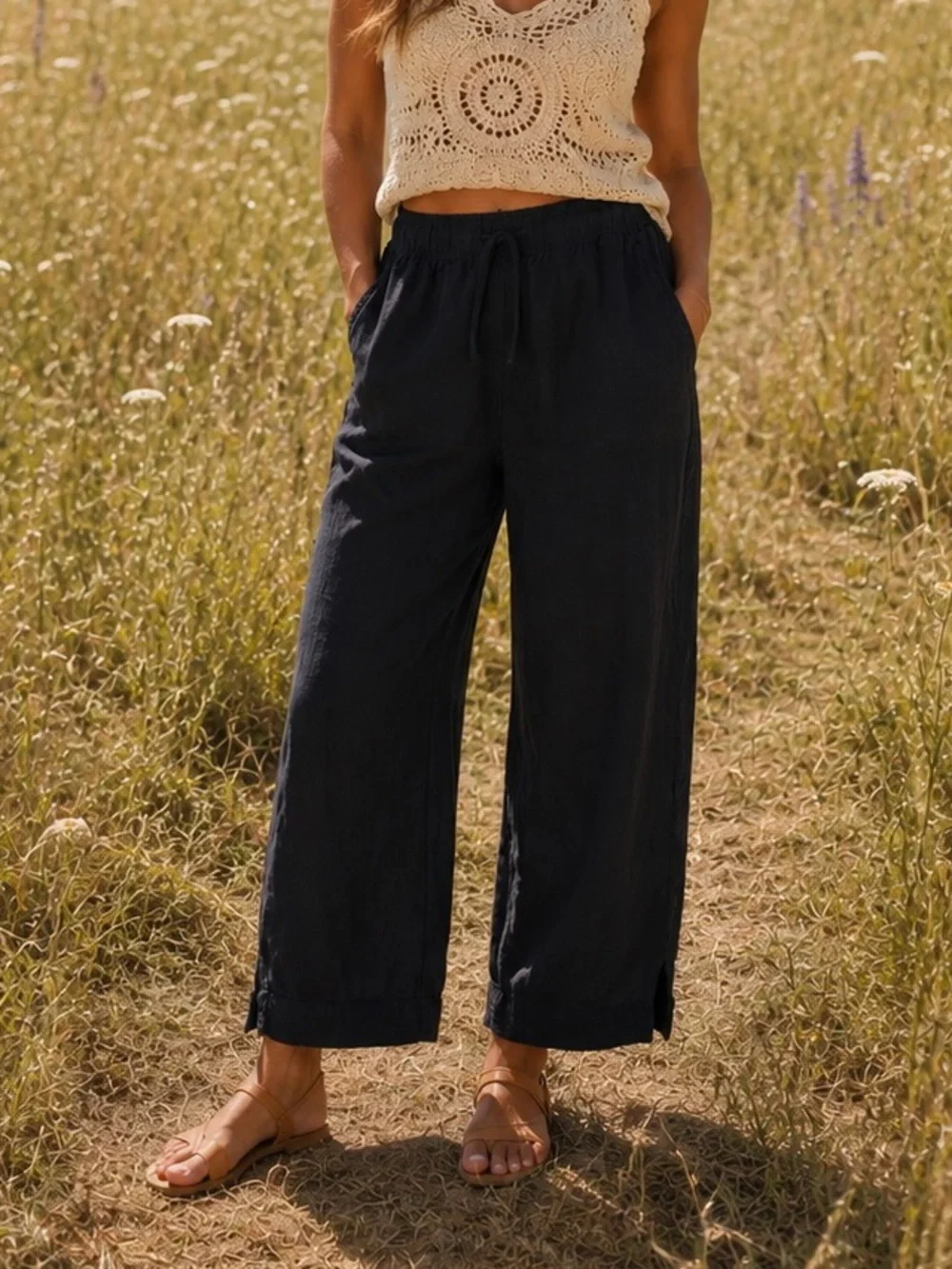 H&M Black Linen Wide Leg Pants – Size Small